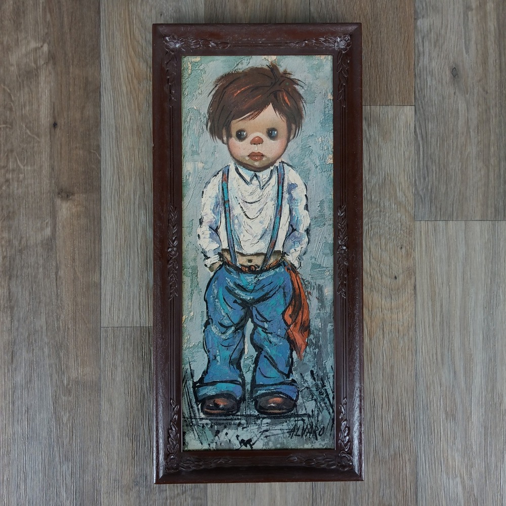 Vintage Alvaro Framed Painting Print Sad Clown‎ Boy Portrait Wall Art Decor 17"